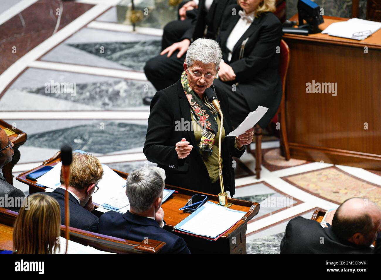 Paris, Frankreich. 17. Januar 2023. Französischer Nachwuchsminister für Menschen mit Behinderungen Genevieve Darrieussecq während einer Fragestunde an die Regierung auf der Pariser Nationalversammlung am 17. Januar 2023. Kredit: Victor Joly/Alamy Live News Stockfoto