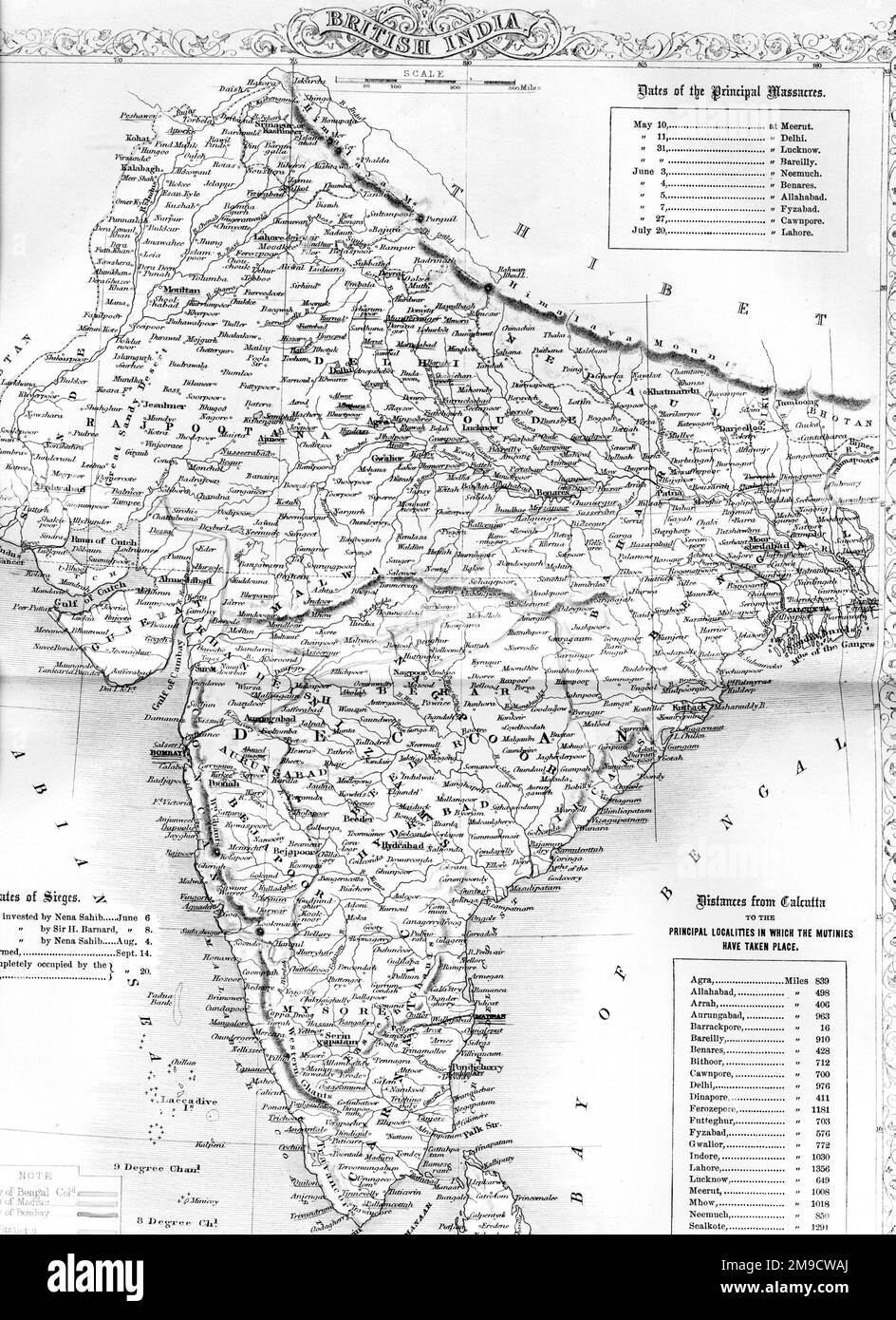 Karte von Indien mit der indischen Rebellion von 1857 Stockfoto