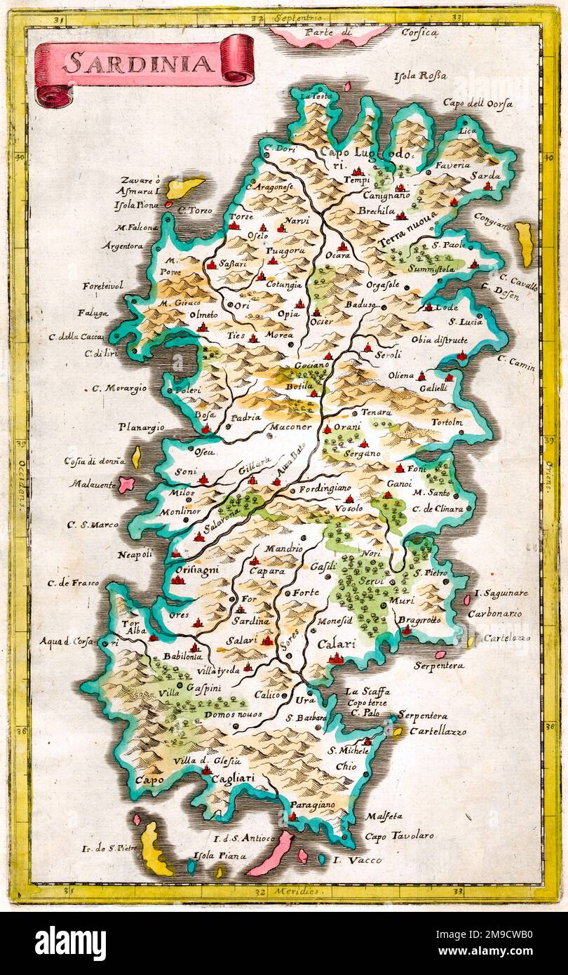 Karte von Sardinien aus dem 17. Jahrhundert Stockfoto