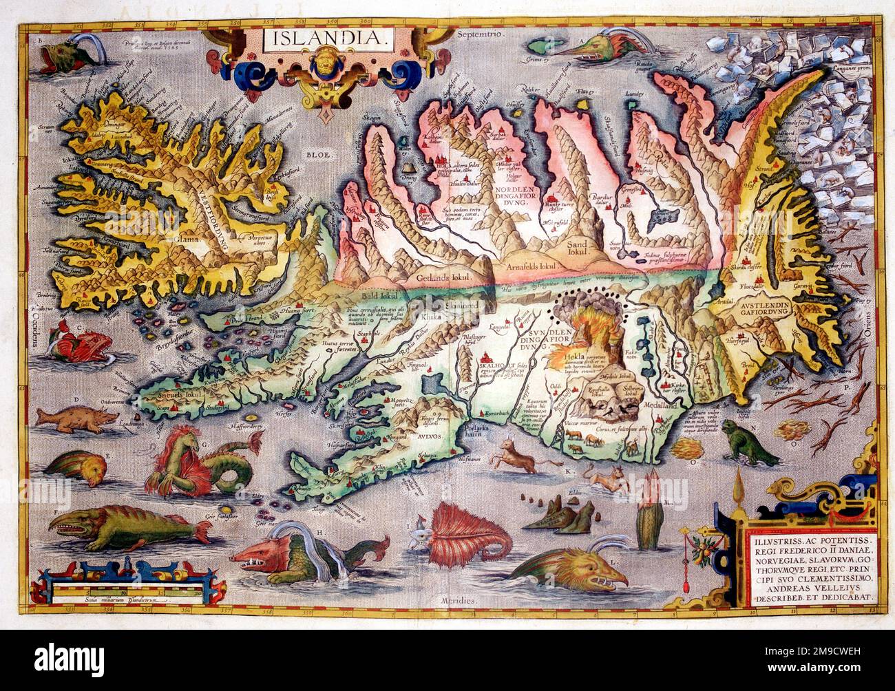 Karte Islands aus dem 16. Jahrhundert (mit Monstern) - Islandia Stockfoto