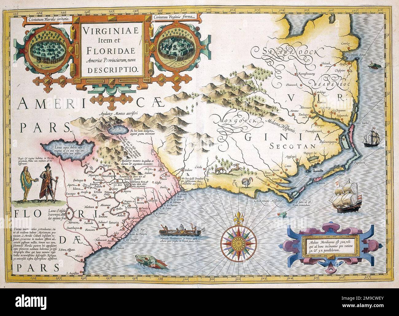 Karte des 17. Jahrhunderts von Virginia und Florida, Amerika mit indianischen Siedlungen - Virginae item et Flordiae Stockfoto