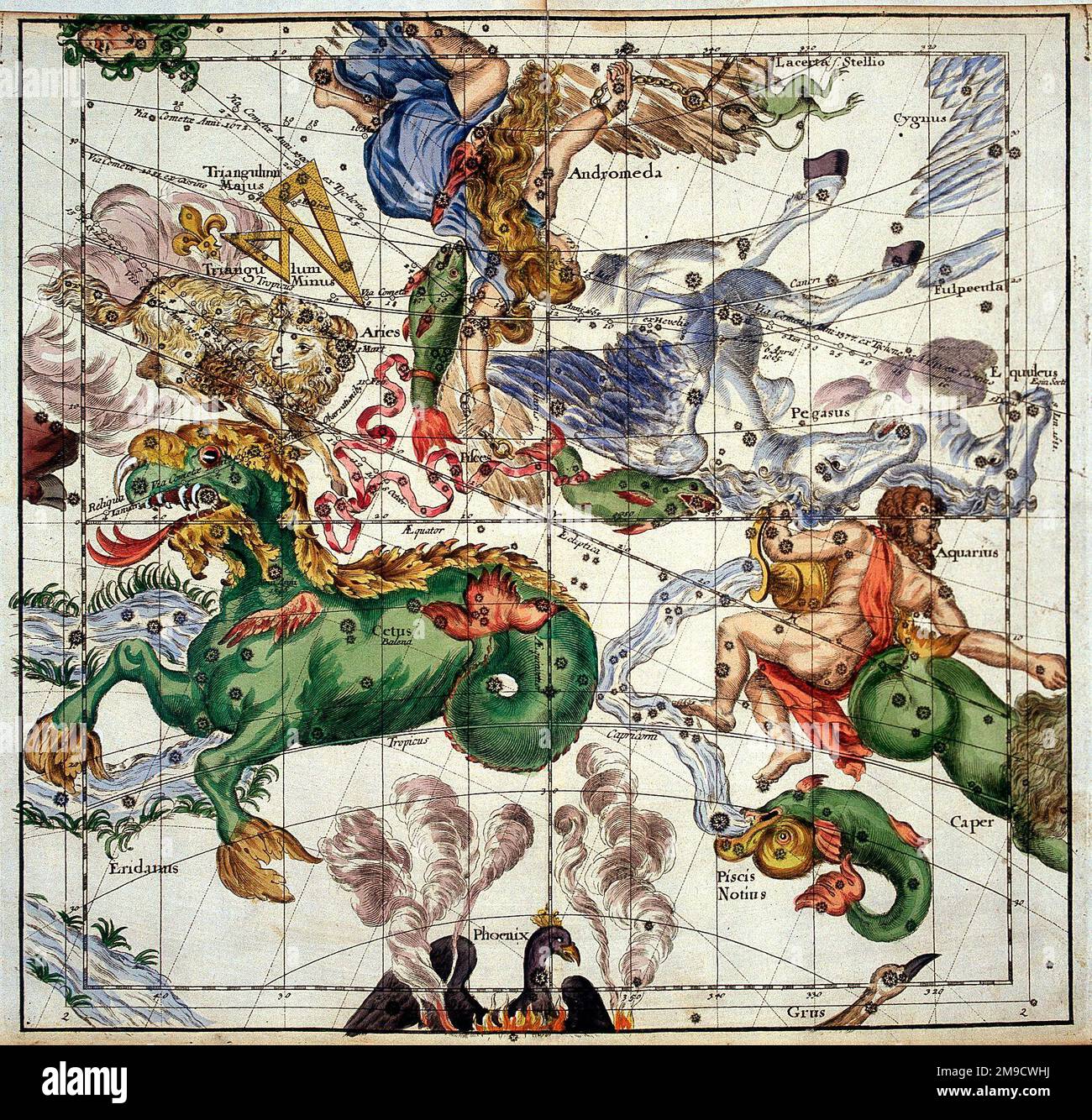 Himmlische Sternkarte der Sternenkonstellationen von Widdern, Andromeda, Aquarius, Fische Stockfoto