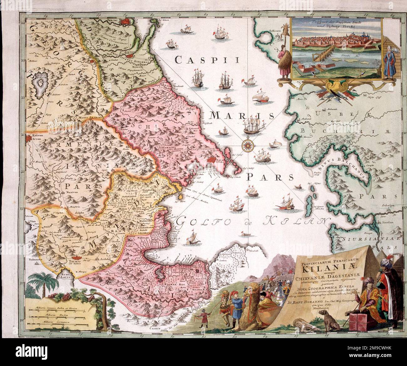 Karte des Kaspischen Meeres, Kaukasus und Turkmenistan aus dem 18. Jahrhundert - Kilaniae, Tereki - Provinciarum Persicarum Kilaniae nempe Chirvaniae Dagestaniae - mit Baku-Einlage Stockfoto