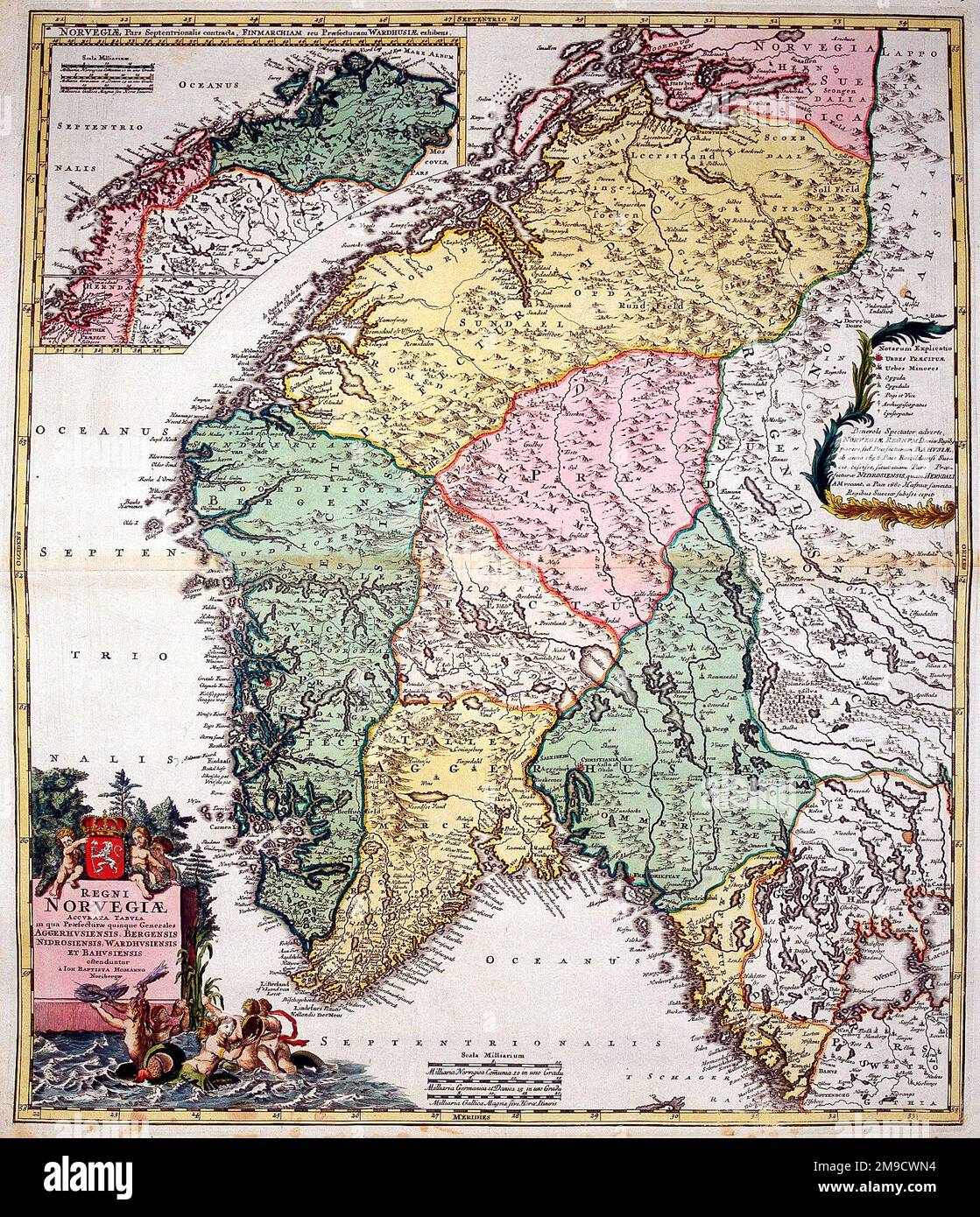 18. Century Map of Norway, Scandinavia - Regni Norvegiae Accurata Tabula Stockfoto