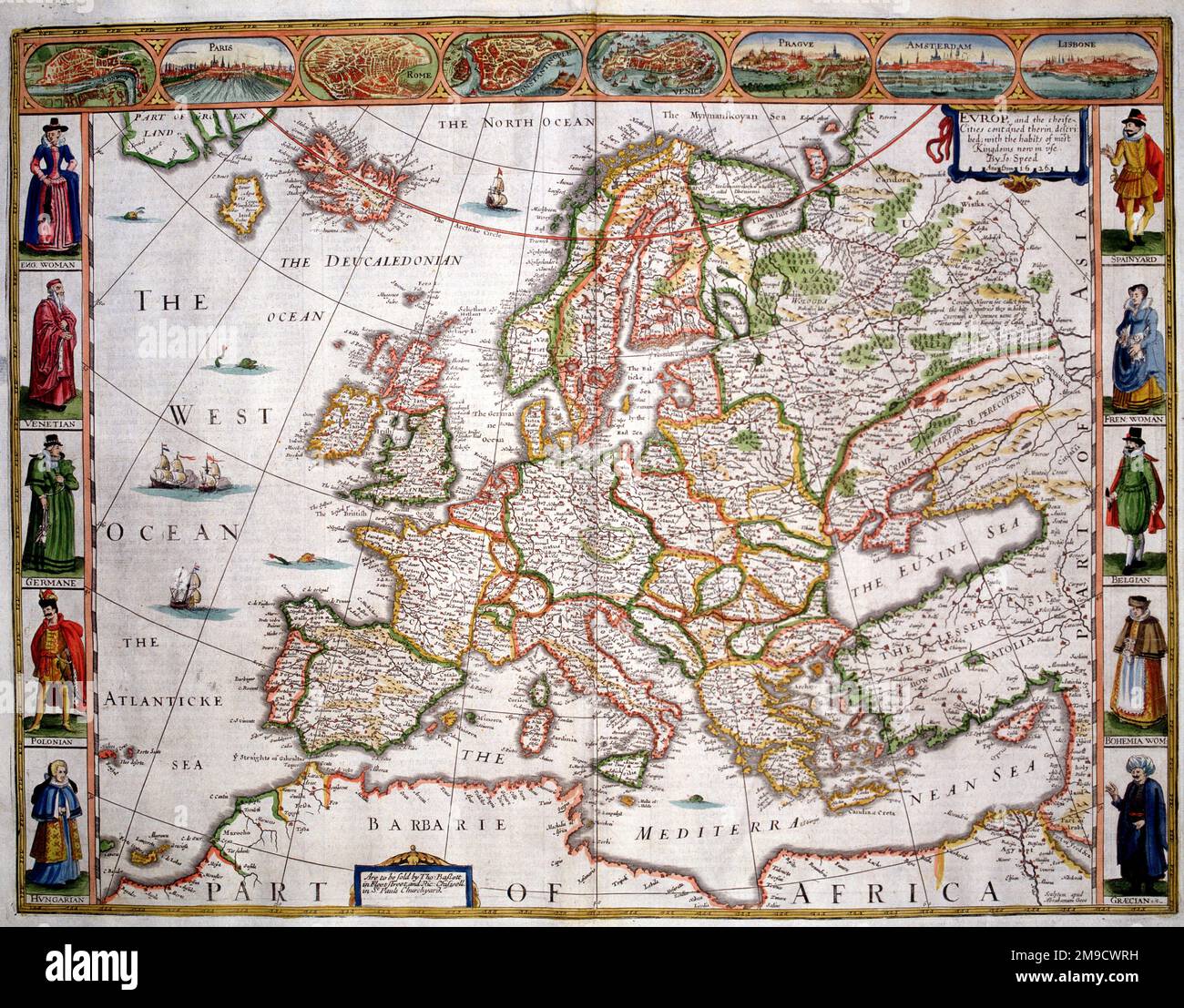 Karte Europas des 17. Jahrhunderts mit Städten und Kostümen der Menschen von London, Paris, Rom, Konstantinopel, Prag, Amsterdam und Lissabon Stockfoto