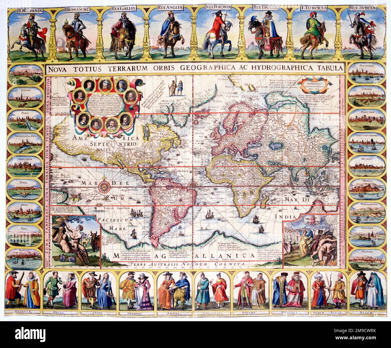 Weltkarte des 17. Jahrhunderts (Mercator-Projektion) mit kostümierten Figuren und Städten - Nova totius terrarum orbis geographica Stockfoto