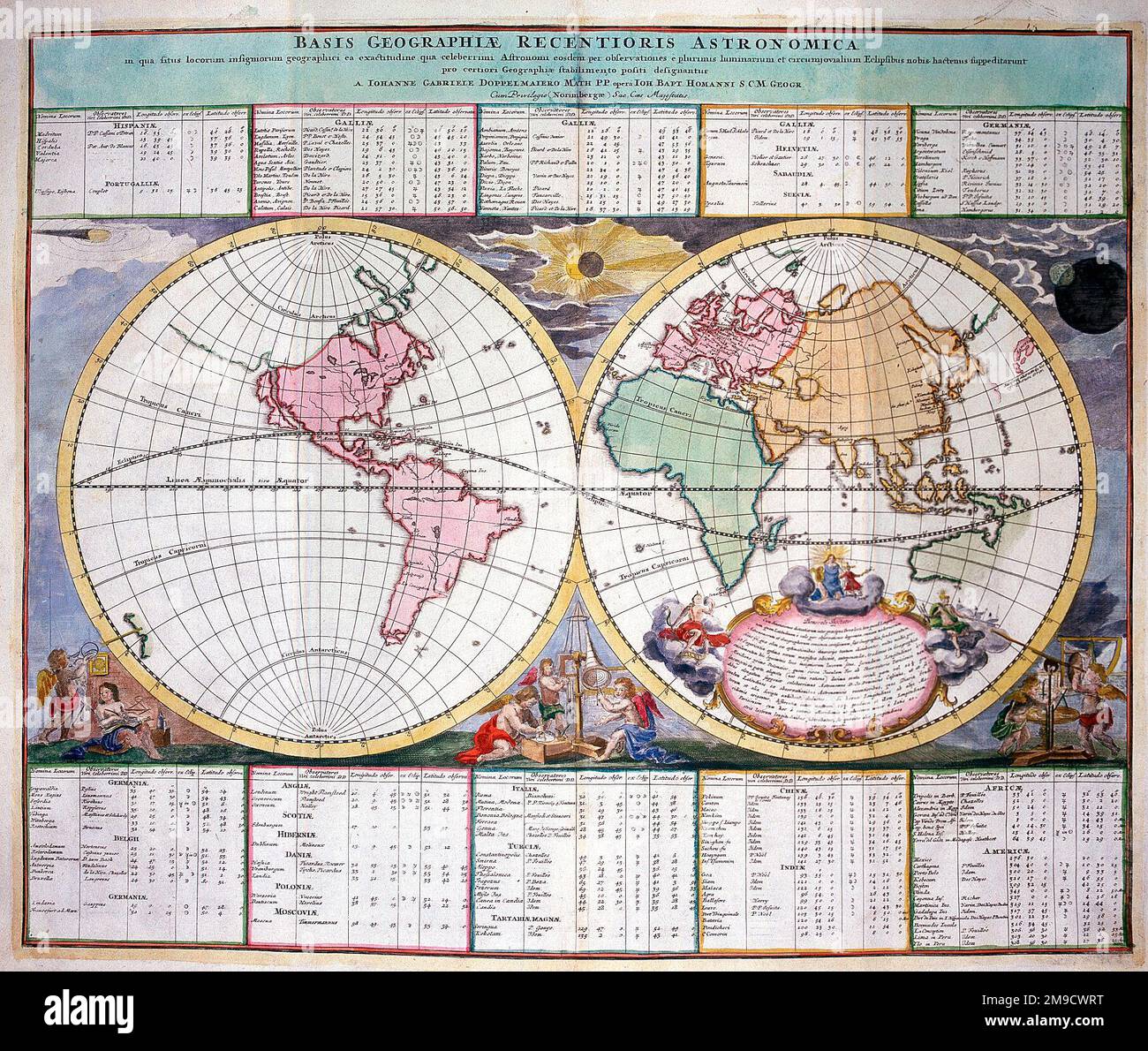 18. Century Map of the World Hemisphäres - Basis Geographiae recentioris astronomica Stockfoto