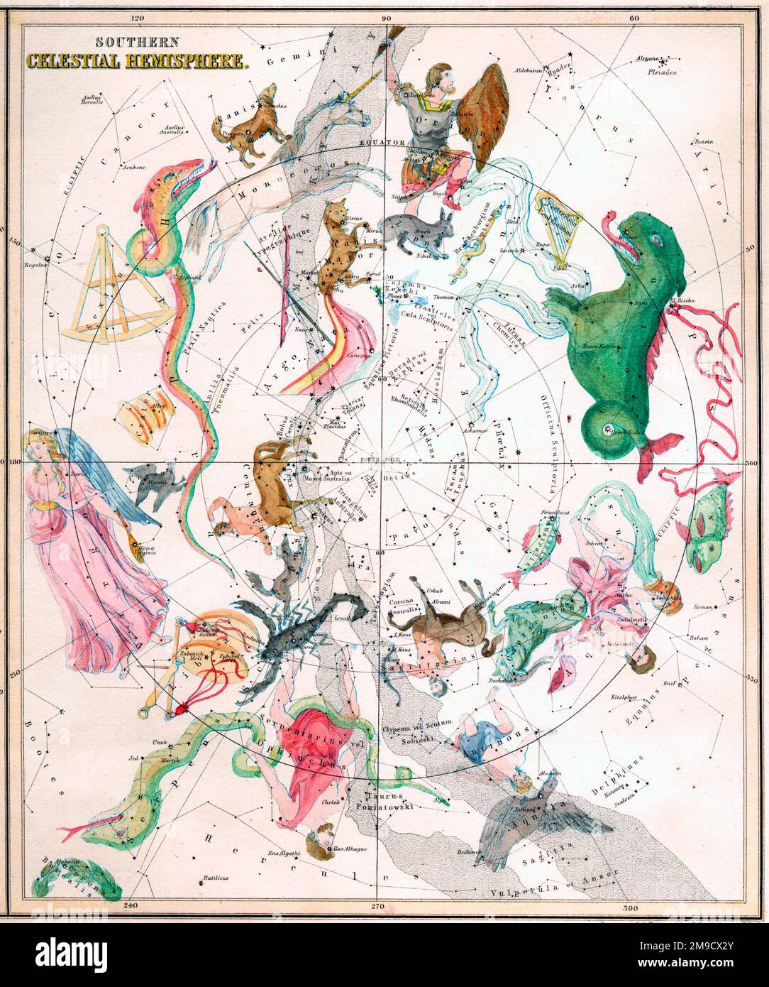 Südliche himmlische Hemisphäre Karte der Sternbilder Stockfoto