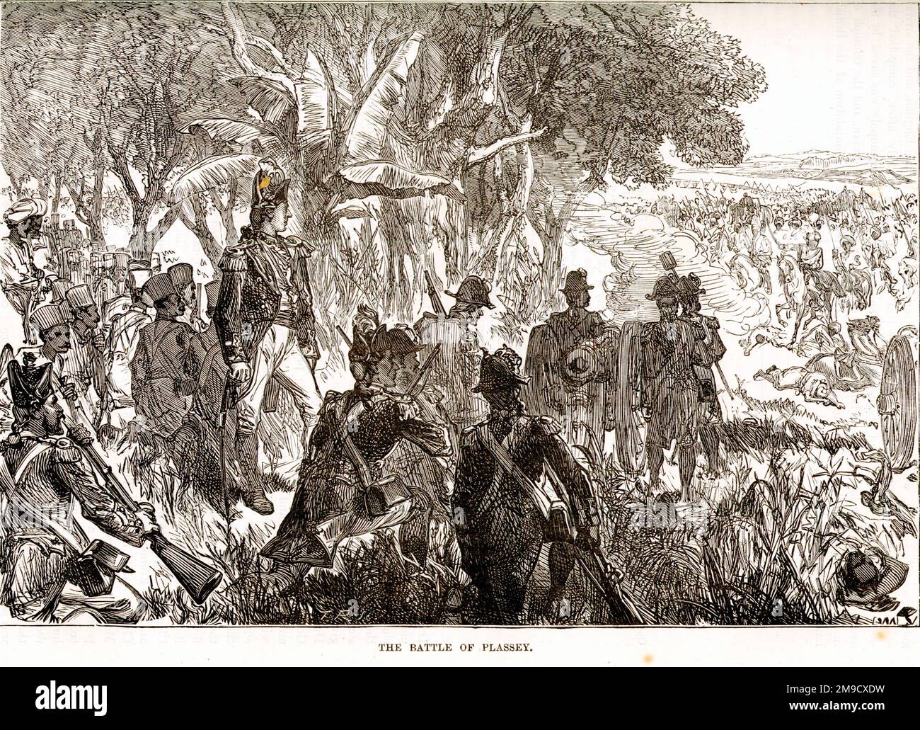Die Schlacht um Plassey zwischen der British East India Company und dem Nawab von Bengal und seinen französischen Verbündeten Stockfoto