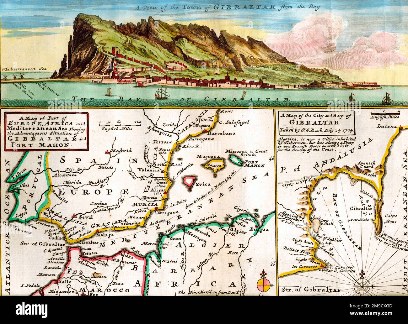 Karte und Plan der Festungen von Gibraltar aus dem 18. Jahrhundert Stockfoto