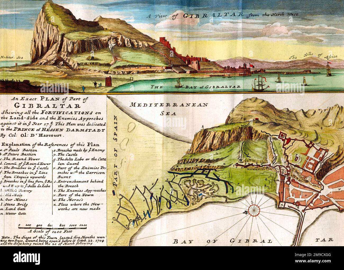 Karte und Plan der Festungen von Gibraltar aus dem 18. Jahrhundert Stockfoto