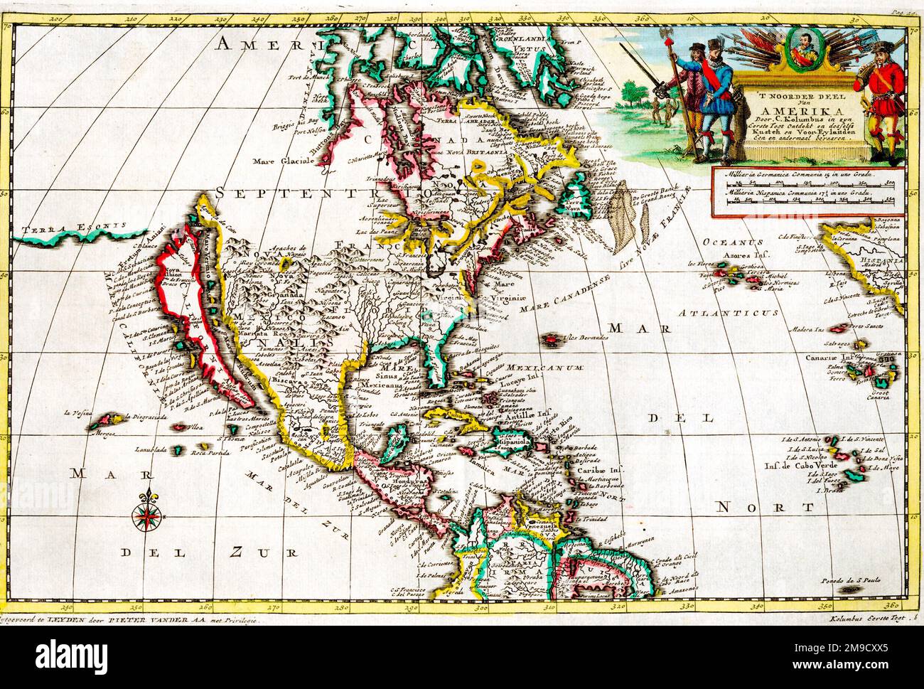 Karte aus dem 15. Jahrhundert von Nordamerika mit der ersten Reise von Christoph Kolumbus Stockfoto