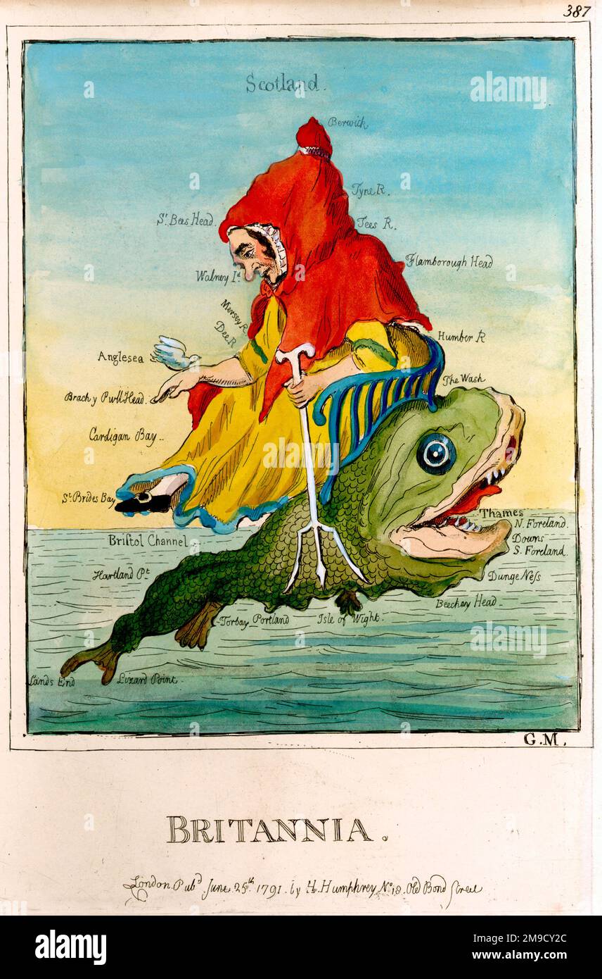 Cartoon-Karte von Großbritannien, gekleidet als alte Frau auf einem Meereswesen Stockfoto
