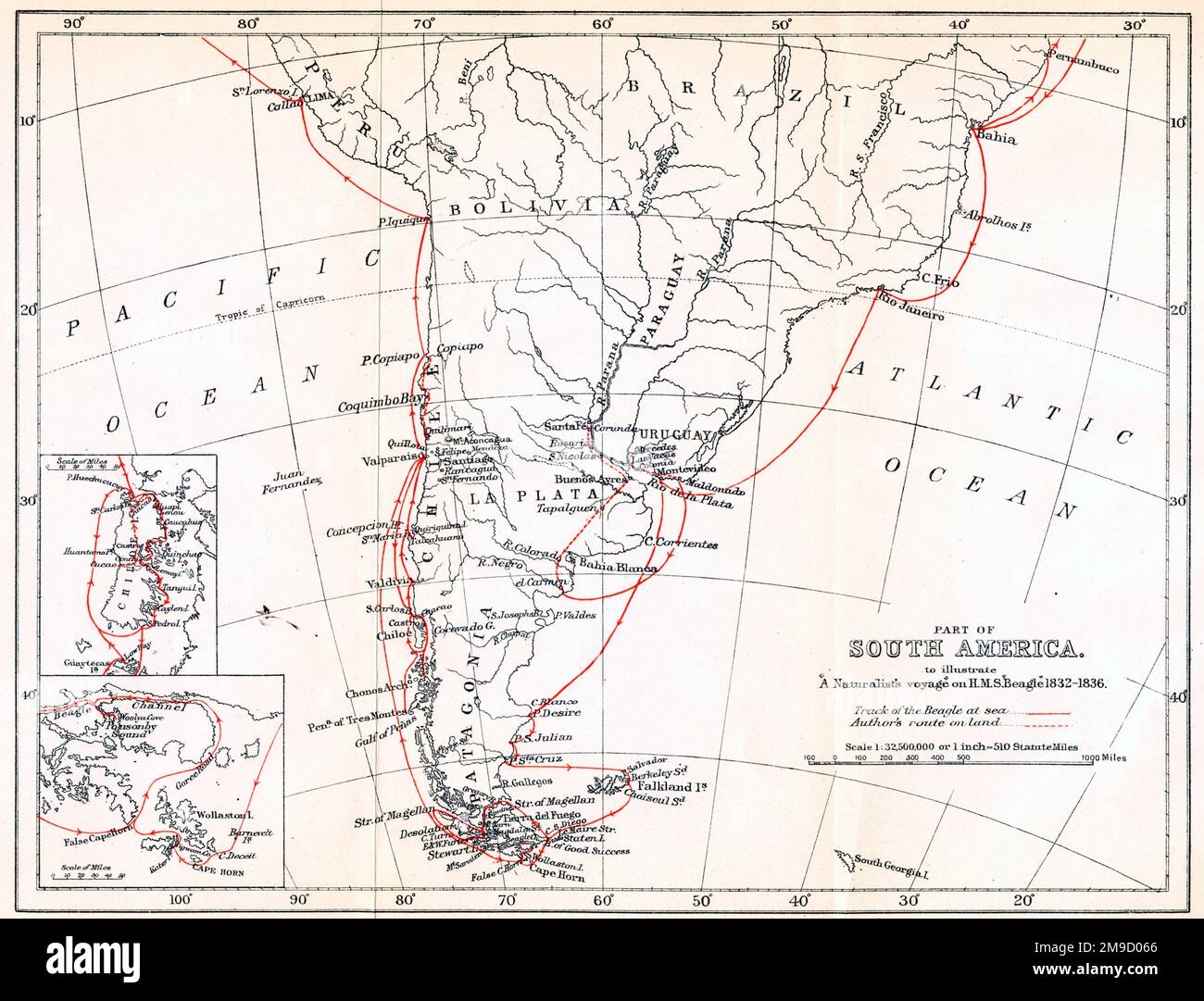 Darwins Voyage rund um Südamerika Stockfoto