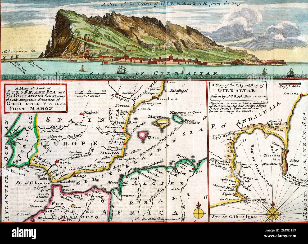 Karte aus dem 18. Jahrhundert und Blick auf Gibraltar und Port Mahon Stockfoto