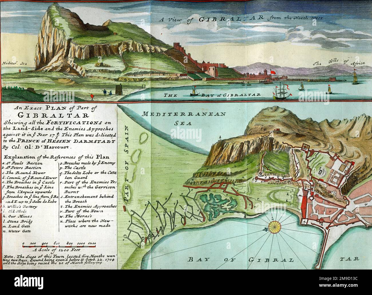 Karte des 18. Jahrhunderts und Blick auf Gibraltar Stockfoto
