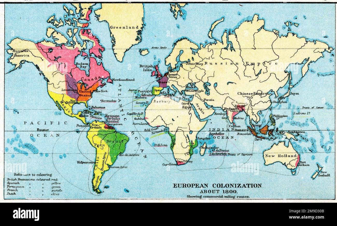 Europäische Kolonisierung Und Kommerzielle Schifffahrtsrouten Rund Um Die Welt 1800 Stockfoto