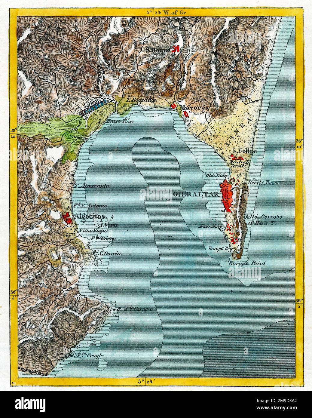 Karte von Gibraltar und der Bucht von Algeciras, Spanien Stockfoto