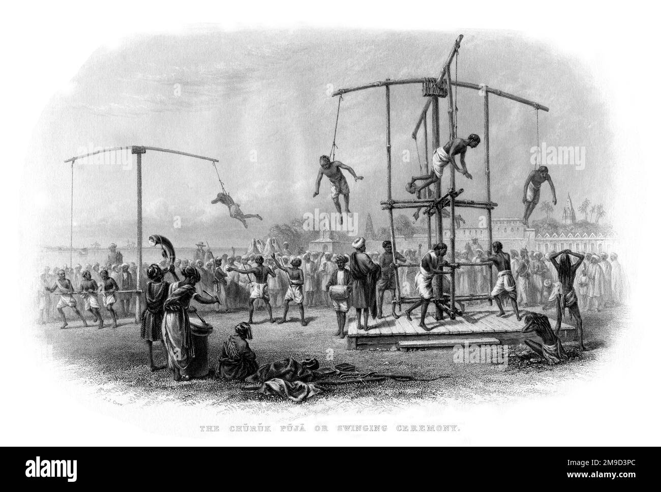 Der Churuk Puja, oder die Schaukelzeremonie. Personen werden aufgehängt und dann am Ende von Stangen gedreht, die hoch in der Luft hängen. Stockfoto