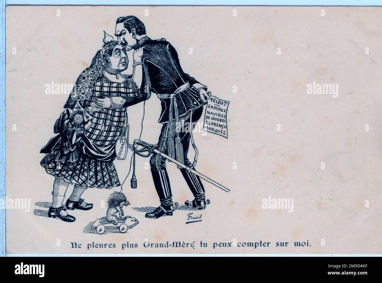 Die Karte - wahrscheinlich französisch - zeigt den Kaiser, der die Königin tröstet (vermutlich wegen Niederlagen in Südafrika), während er sich hinter seinem Rücken Scheine für Rüstungsgüter versteckt, die er zur Unterstützung seiner eigenen Interessen in der Region erworben hat - in diesem Fall der damalige portugiesische Hafen von Lourenco Marques. Die Überschrift unten lautet: „Weine nicht mehr, Großmutter, du kannst auf mich zählen.“ Stockfoto