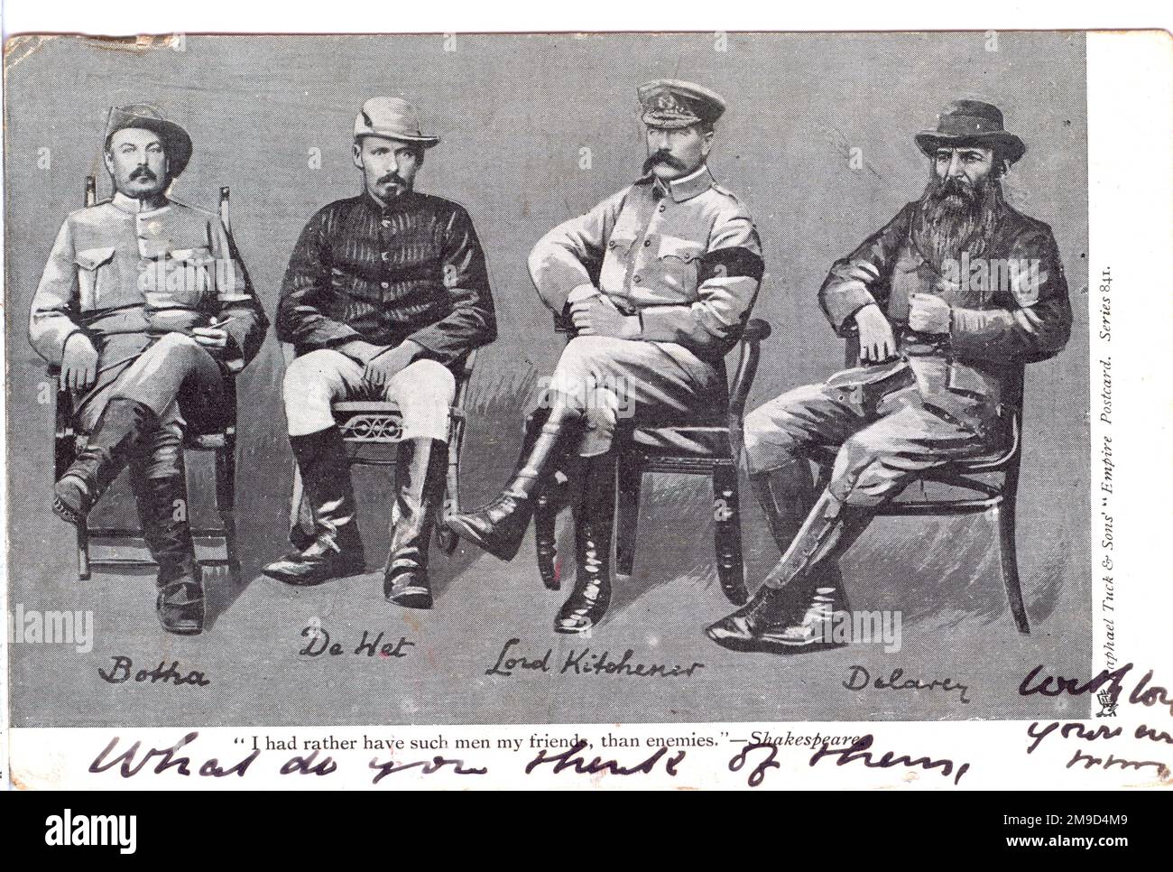Links nach rechts sind Botha, De Wet, Kitchener und de la Rey. Die Überschrift zitiert Shakespeare: "Ich hatte lieber Männer als Freunde als Feinde." Stockfoto