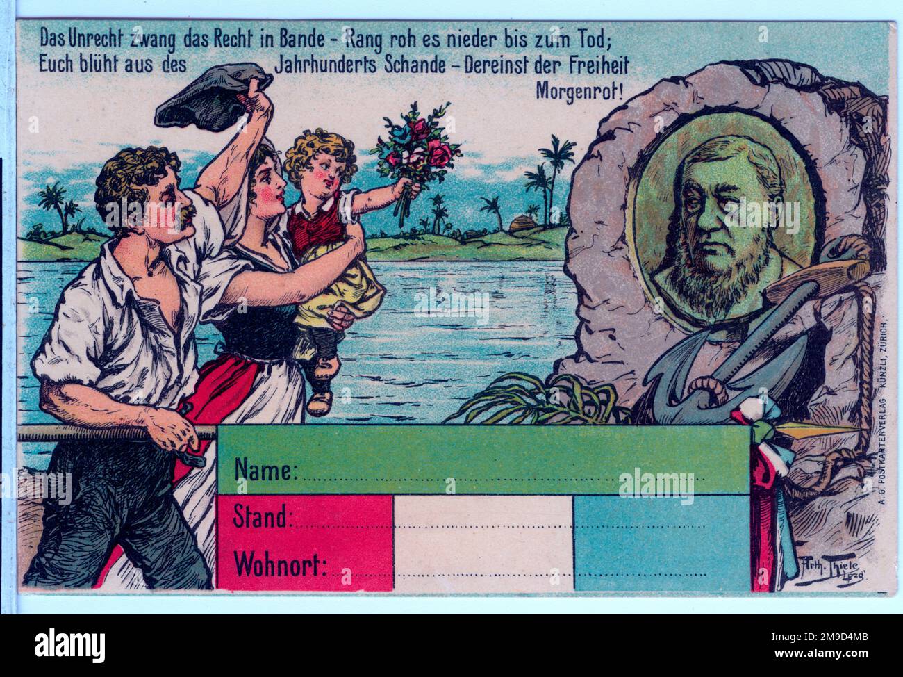 Eine jubelnde Familie winkt einem Bild von Präsident Kruger zu. Der Text oben auf der Karte zeigt ihm die Freiheit im neuen Jahrhundert. 1900 begann Kruger eine Auslandsreise, die schließlich 1902 zu einem Friedensvertrag führte. Die Karte hat eine gedruckte Adresse an Kruger vom Generalkonsulat in Paris. Stockfoto