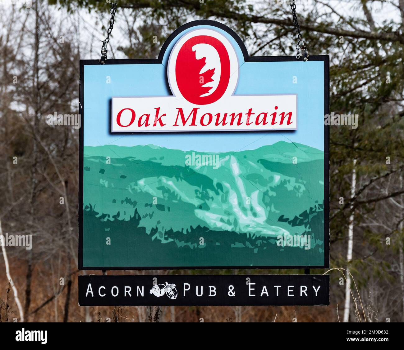 Ein Straßenschild für das Oak Mountain Sky Center und das Acorn Pub and Eatery in Speculator, NY, in den Adirondack Mountains Stockfoto