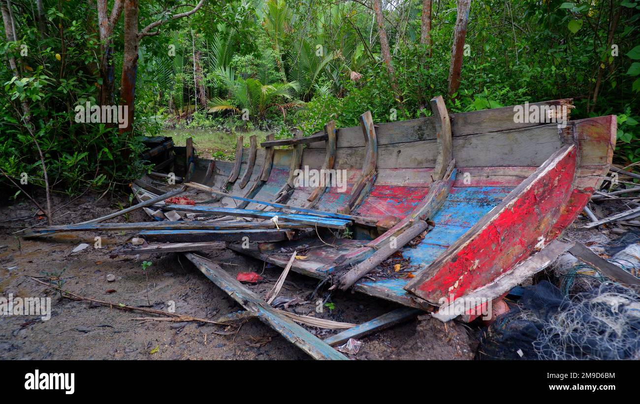 Blick Auf Ein Altes Und Beschädigtes Traditionelles Fischerboot Im Wald Stockfoto