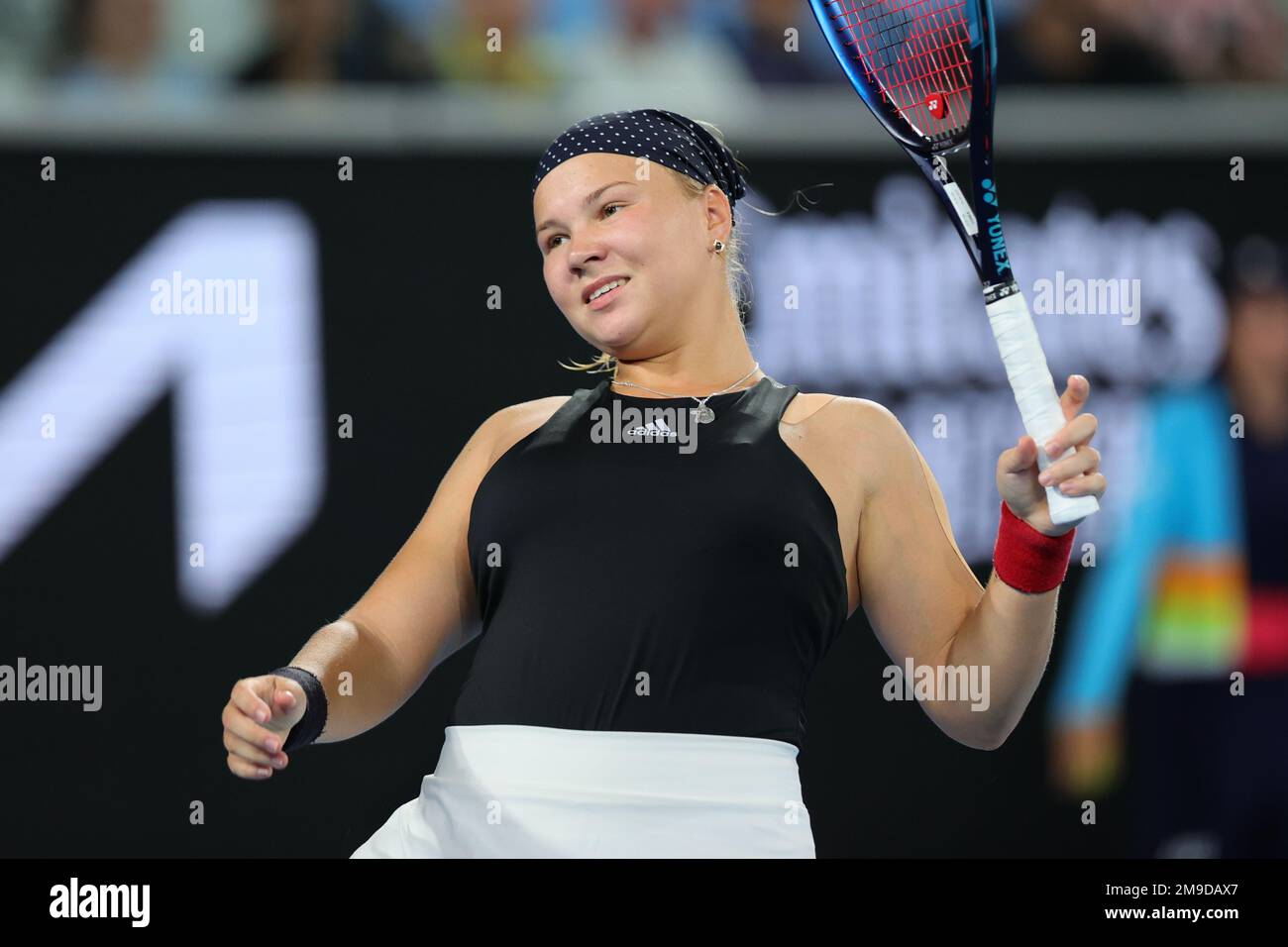 Melbourne, Australien. 18. Januar 2023. Diana Shnaider reagiert während des Spiels der 2. Runde zwischen Maria Sakkari von Griechenland und Diana Shnaider Day 3 auf dem Australian Open Tennis 2023 in der Margaret Court Arena, Melbourne, Australien, am 18. Januar 2023. Foto von Peter Dovgan. Nur redaktionelle Verwendung, Lizenz für kommerzielle Verwendung erforderlich. Keine Verwendung bei Wetten, Spielen oder Veröffentlichungen von Clubs/Ligen/Spielern. Kredit: UK Sports Pics Ltd/Alamy Live News Stockfoto