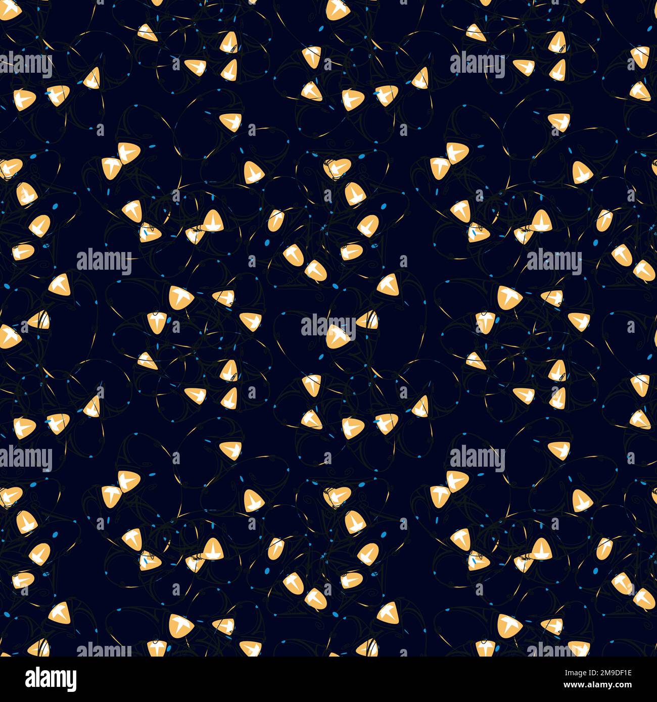 Nahtlos einfaches, niedliches Muster aus gelben und blauen Designelementen wie Glocken auf marineblauem Hintergrund. Endlose Verzierungen. Farbenfroher Hintergrund für Material Stock Vektor