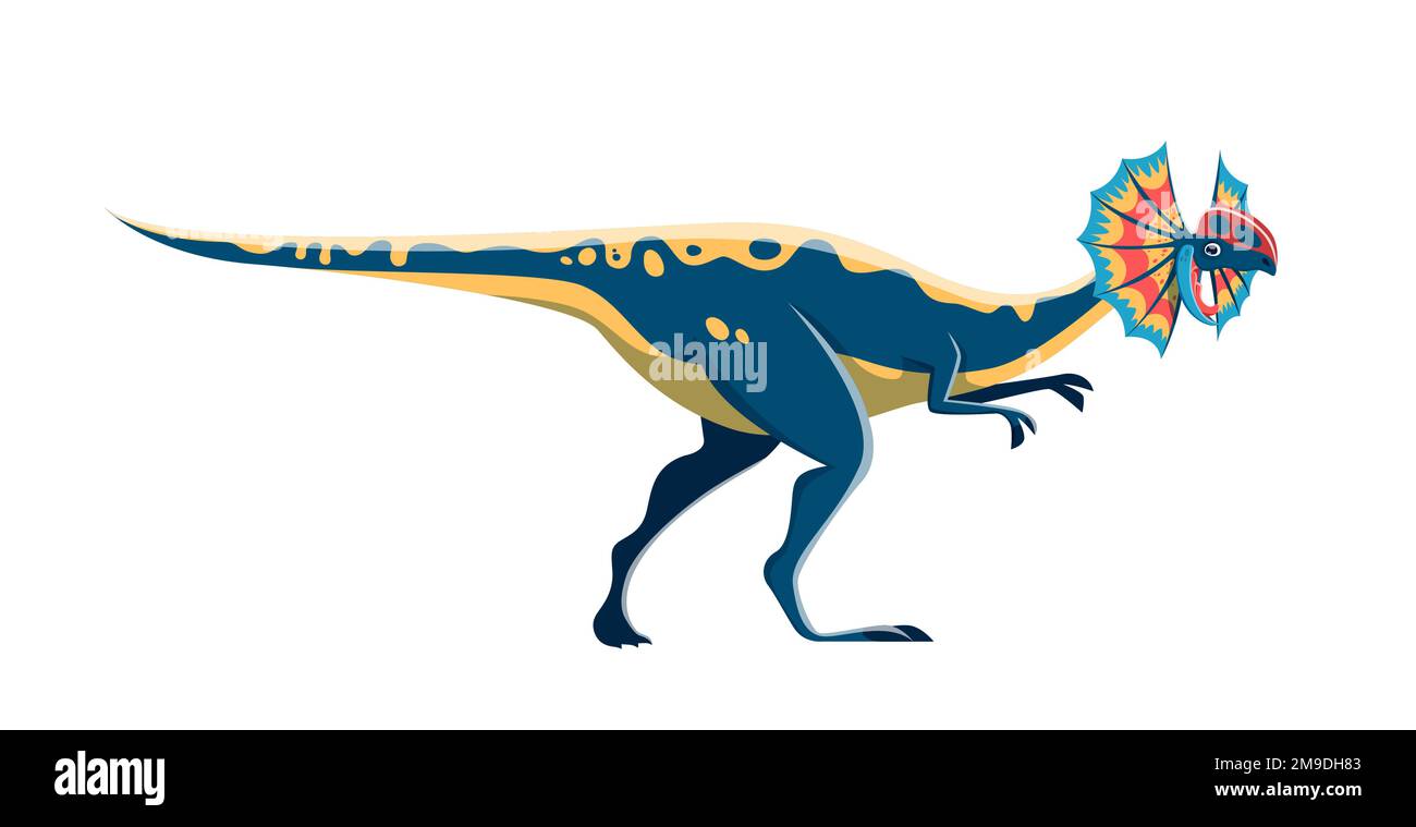 Cartoon Dilophosaurus Dinosaurier Charakter. Ausgestorbenes Reptil, isolierte Eidechse aus der Jurassic-Ära mit farbenfrohem Nackenschmuck. Paläontologisches Tier, alte Tierwelt fleischfressende Dinosaurier Vektor komische Persönlichkeit Stock Vektor