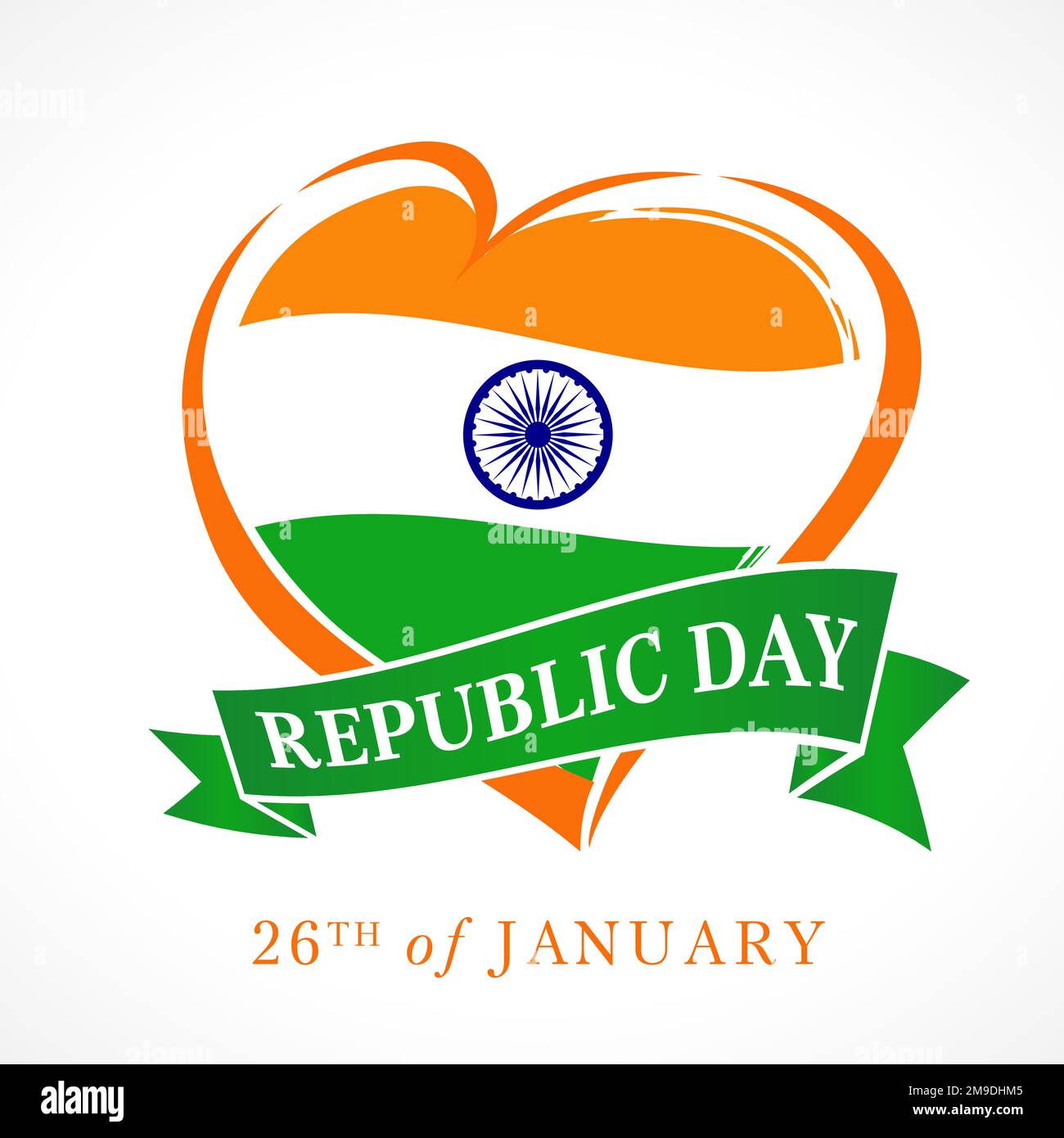 India Republic Day 26. Januar kreatives Logo. Feiertagssymbol. Herzzeichen im gebürsteten Stil mit indischer Flagge und Band. Isoliertes Design. Stock Vektor