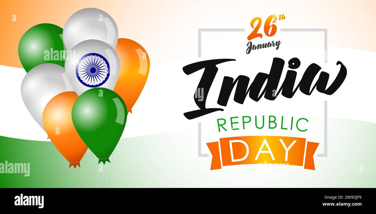26 Januar Text, Safran und Grün, Ashok Rad, 3D Ballons. Hintergrund der indischen Flagge. Happy Republic Day Indien-Feier. Vektordarstellung Stock Vektor