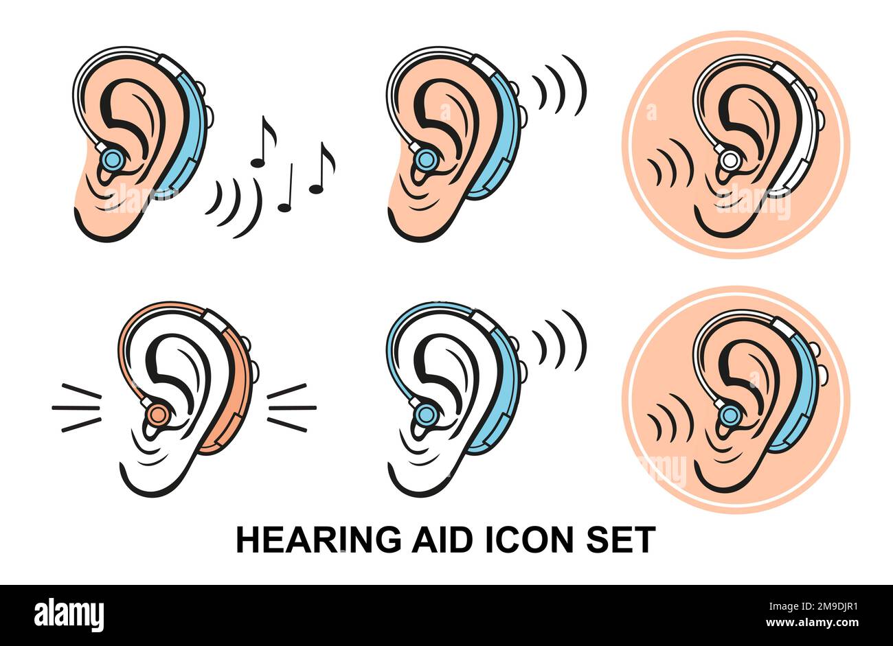 Hörgerät für Gehörlose, Hörgeschädigte, medizinisches Hörgerät für Hörgeräusche, Verbesserung der menschlichen Tonwahrnehmung Symbolsatz. Taubheitsproblem. Vektor Stock Vektor