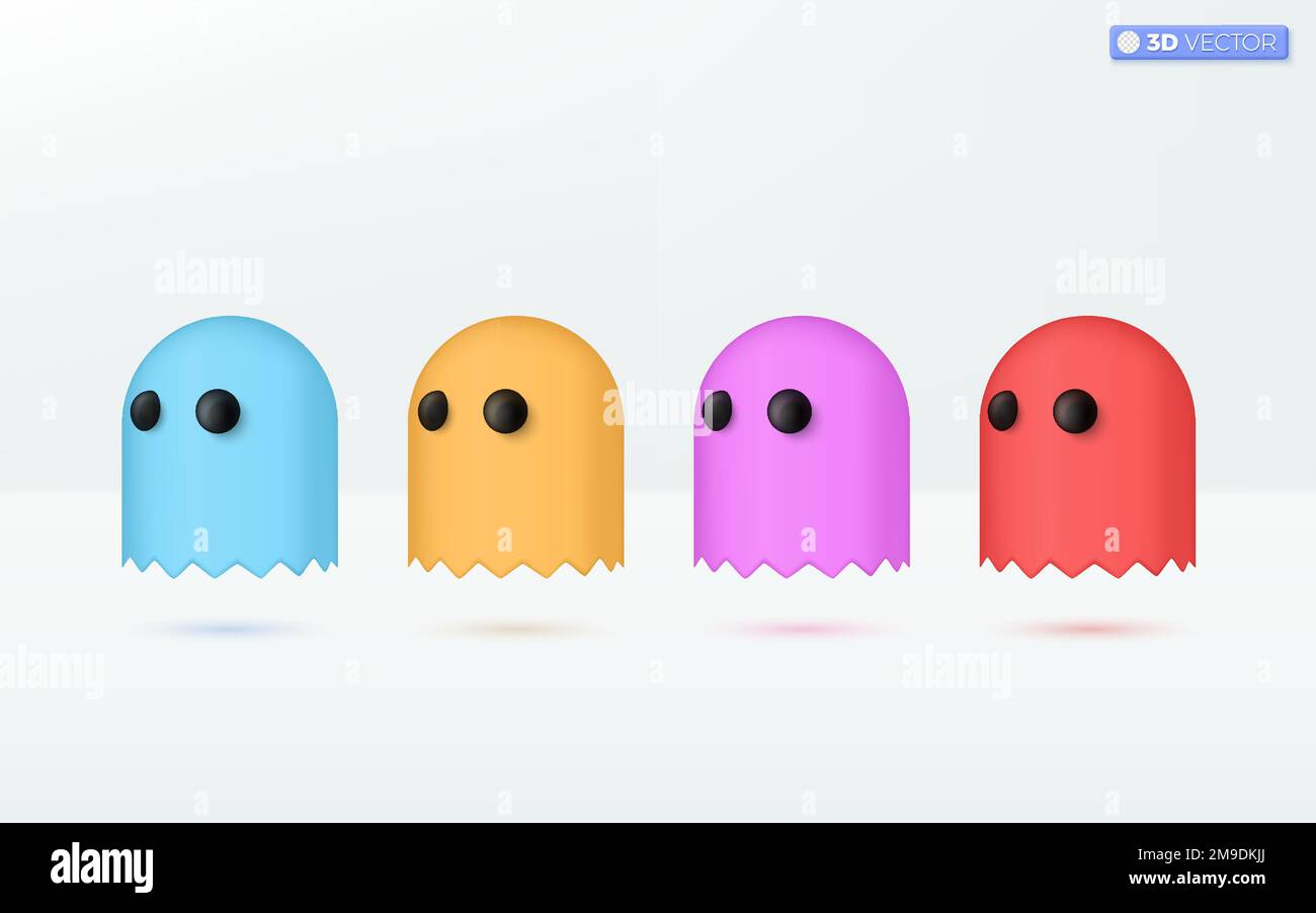 Bunte Symbole für niedliche Geistersymbole. Fliegende Kawaii-Geisterfigur, Spielsymbol, Halloween-Konzept. Isoliertes 3D-Vektor-Darstellungsdesign. Cartoon Vergangenheit Stock Vektor