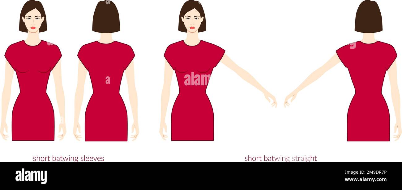 Fledermausärmel kurze Länge Kleidung Figur wunderschöne Dame in burgunderfarbenem Oberteil, Hemd, Kleid technische Modezeichnung, angepasst. Flache Bekleidungsvorlage vorne, hinten. Frauen, Männer, Unisex-CAD-Modell Stock Vektor