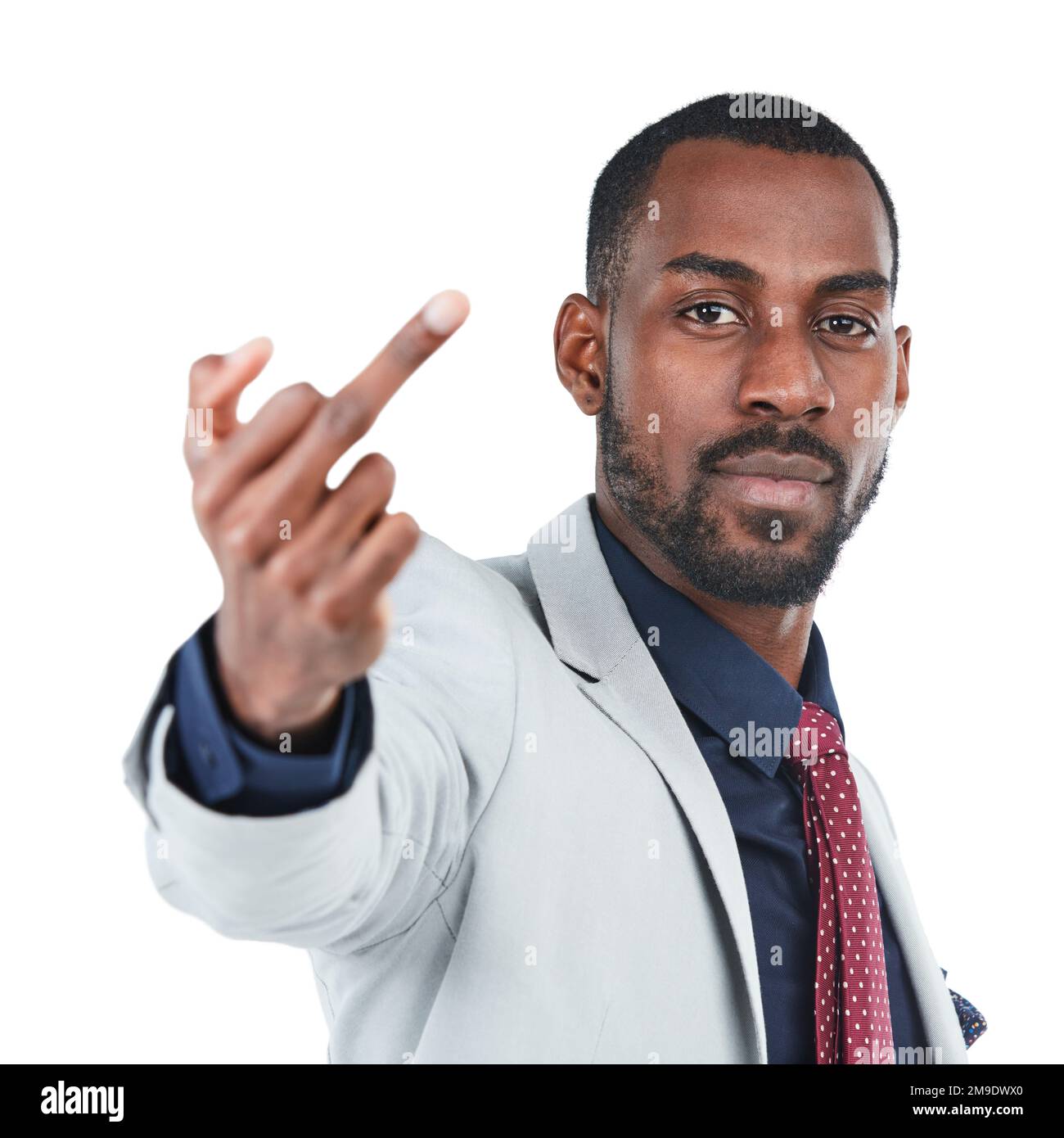 Porträt, Hand und Mittelfinger mit einem schwarzen Geschäftsmann im Studio  isoliert auf weißem Hintergrund. Face, Emoji oder unhöflich und ein  männlicher Angestellter ohne Angabe Stockfotografie - Alamy