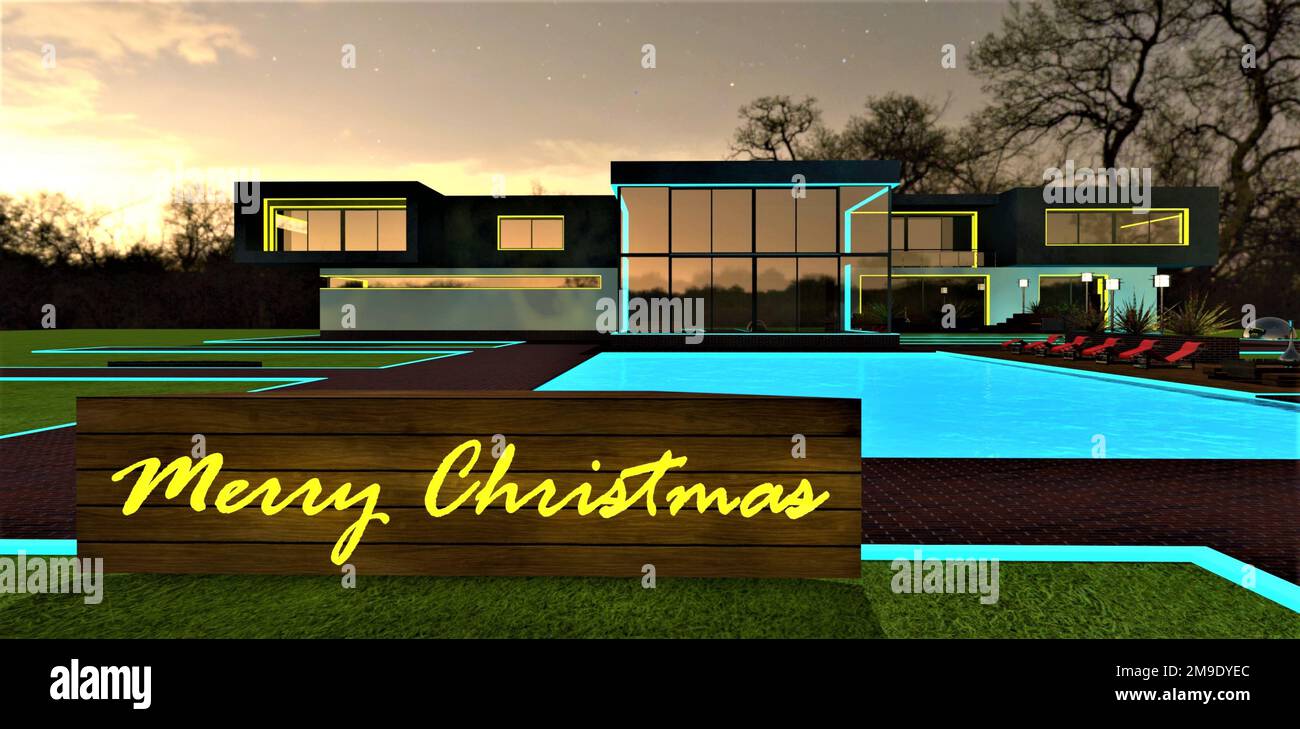 Leuchtender Text Frohe Weihnachten in Gelb auf der Tafel geschrieben. Wunderschönes Anwesen mit beleuchteter Fassade und Pool unter dem Sternenhimmel im Hintergrund. Stockfoto