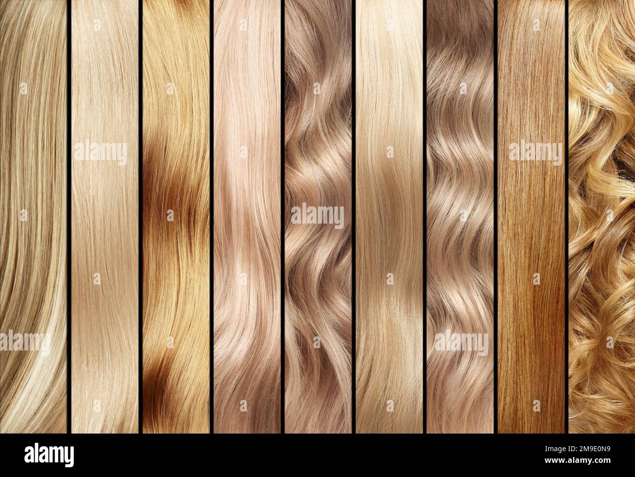 Collage blonder Haarfarbproben. Haarfarbe. Haarfärbemittel Stockfoto