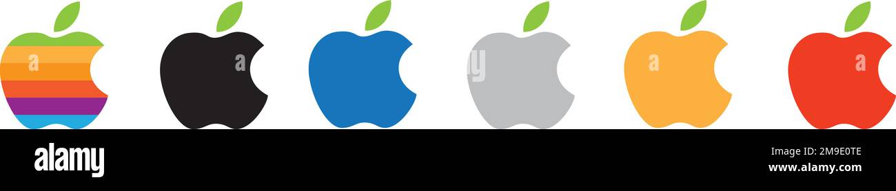 Ein Vektorsatz aus farbenfrohen Apple-Logos auf einem weißen Hintergrund, Evolution des Apple-Logos Stock Vektor