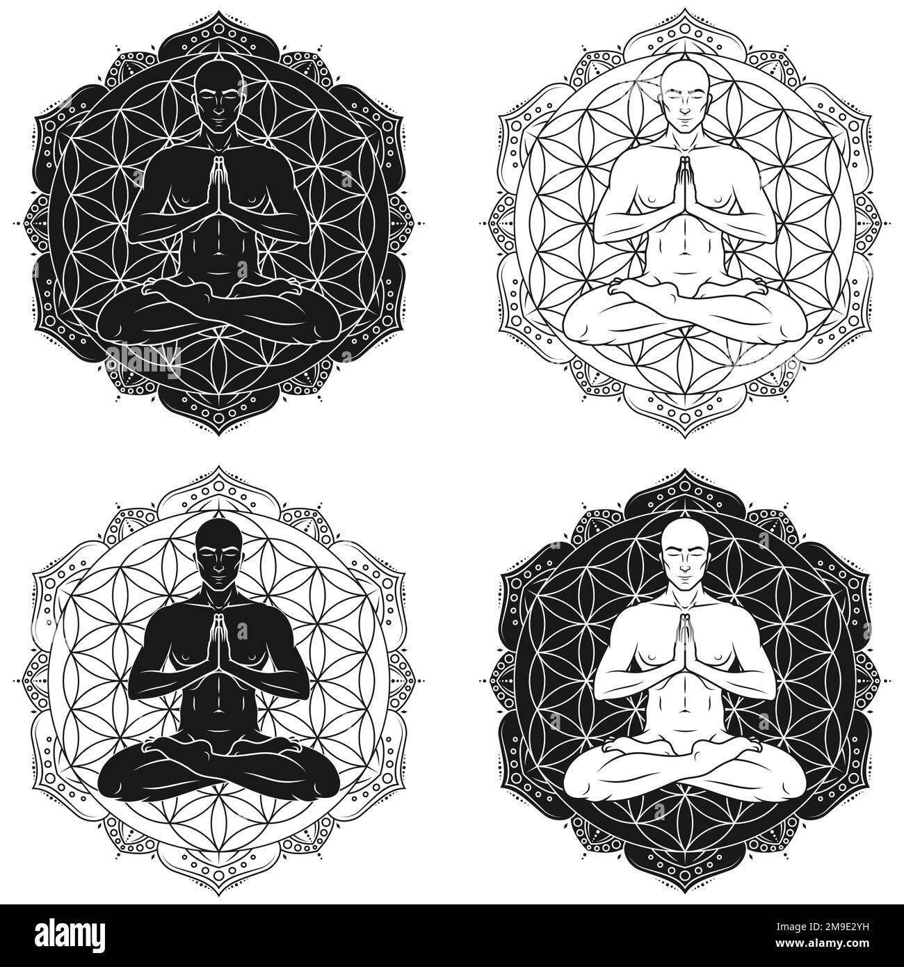 Vektordesign des Mannes meditiert in Lotusposition, Mann macht Yoga mit Blume des Lebens als Hintergrund Stock Vektor