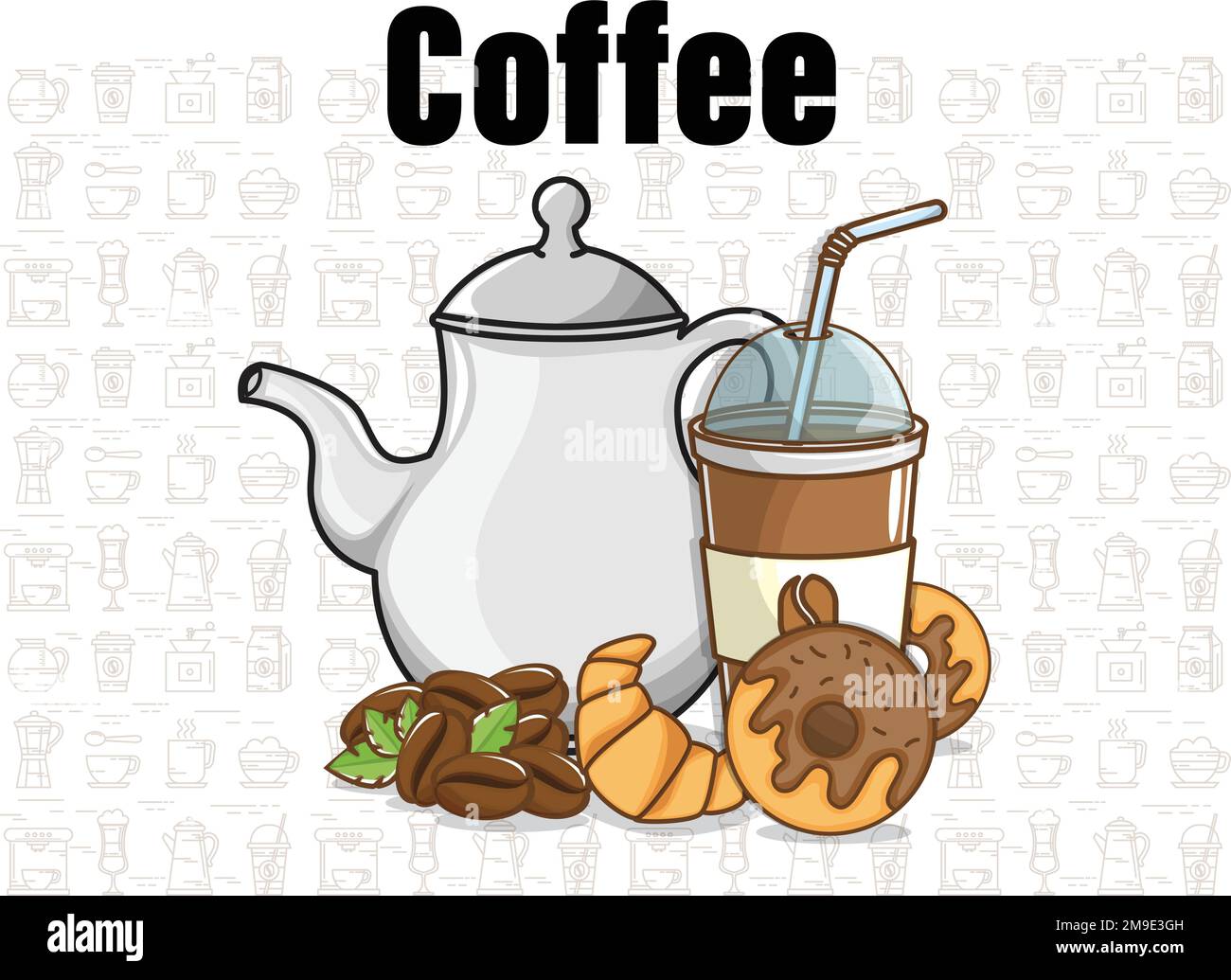 Kaffee kalter Kaffee Tee kalter Tee Bohnen Rinder Cockies Tee Set Kaffee Kaffeeset Kaffeebohne Getränk Löffel Koffein Becher Glas Stock Vektor