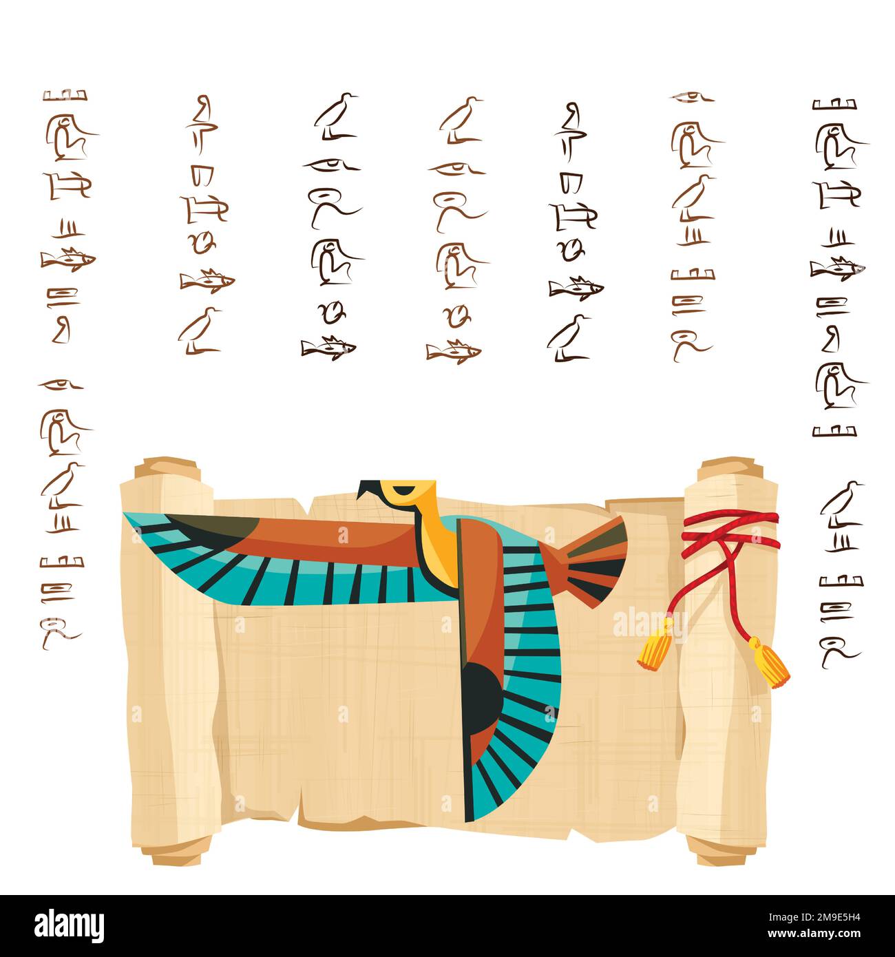 Alte ägyptische Papyrus-Schriftrolle dekoriert mit roter Kordel-Cartoon-Vektorgrafik. Ägyptisches Kultursymbol, leeres, entfaltetes antikes Papier, fliegender Falke und Hieroglyphen, isoliert auf Weiß Stock Vektor