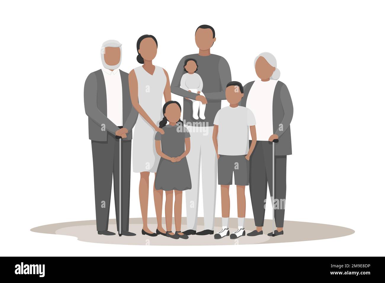 Großeltern, Eltern und Kinder. Eine Familie vereint. Vektordarstellung. Stock Vektor