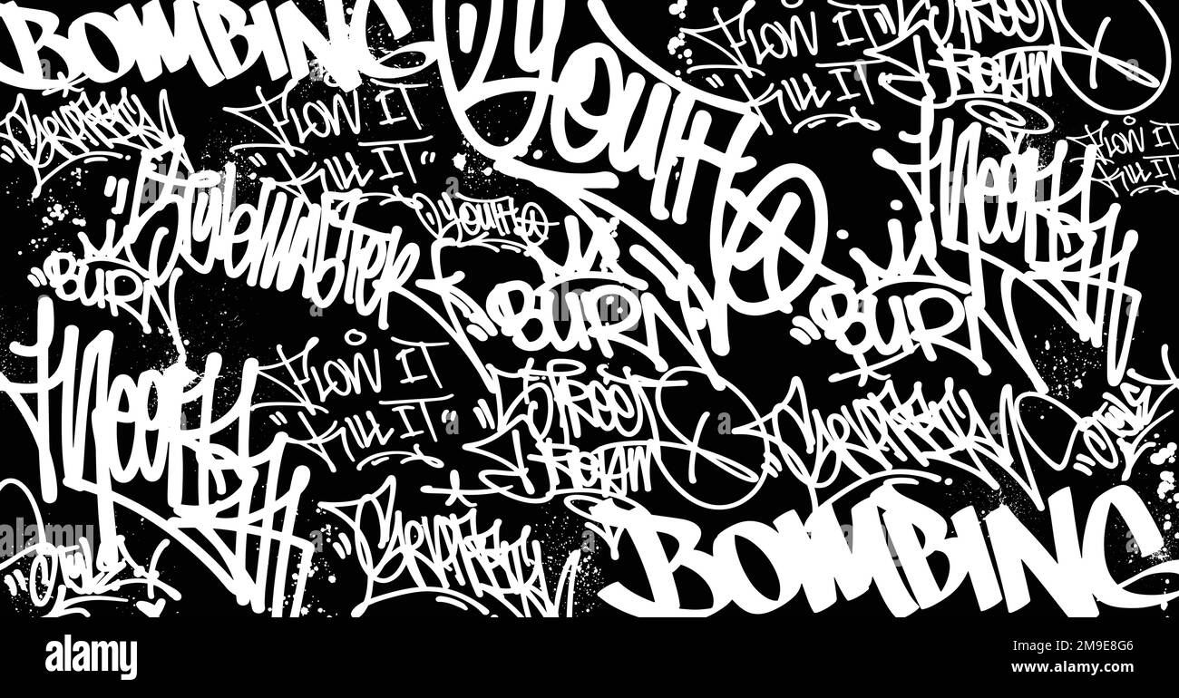 Abstrakter Graffiti-Kunsthintergrund mit kritzelnden Überwürfen und handgezeichneten Tags. Street Art Graffiti urbanes Thema für Drucke, Muster, Banner, A Stock Vektor