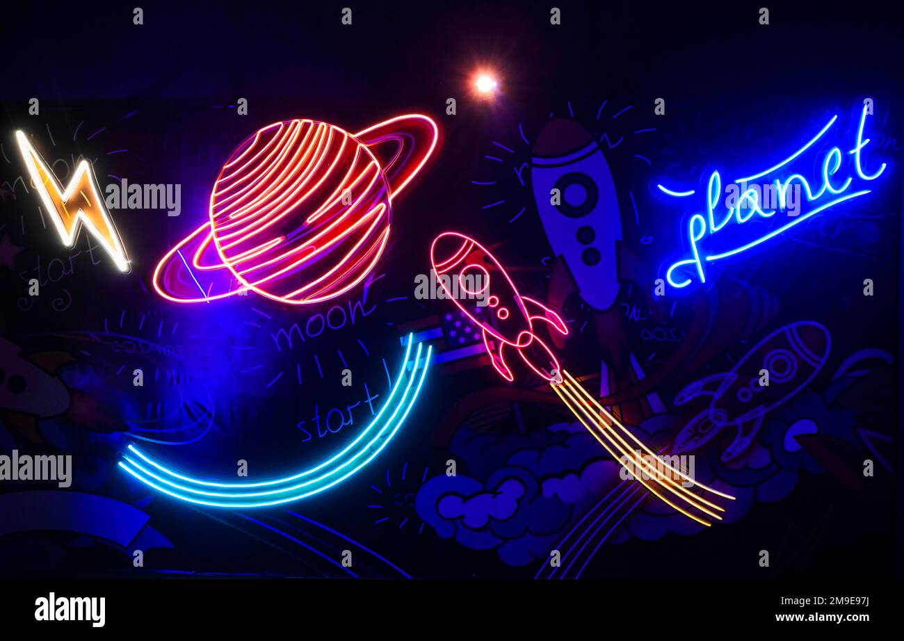 Symbols Planet, Lightning, Saturn, Rocket Stockfoto