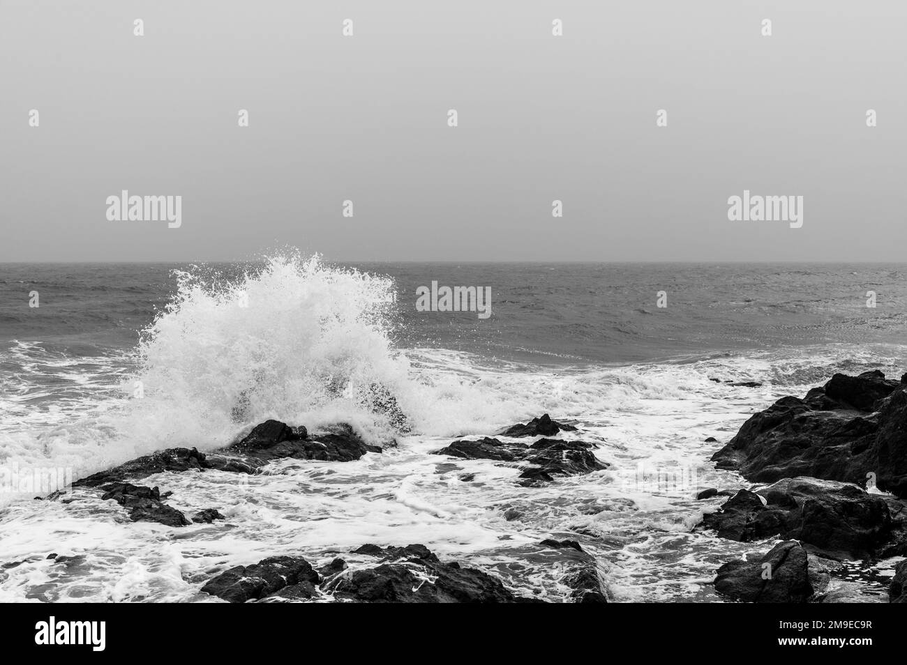 Hohe Wellen an der Steinküste Stockfoto