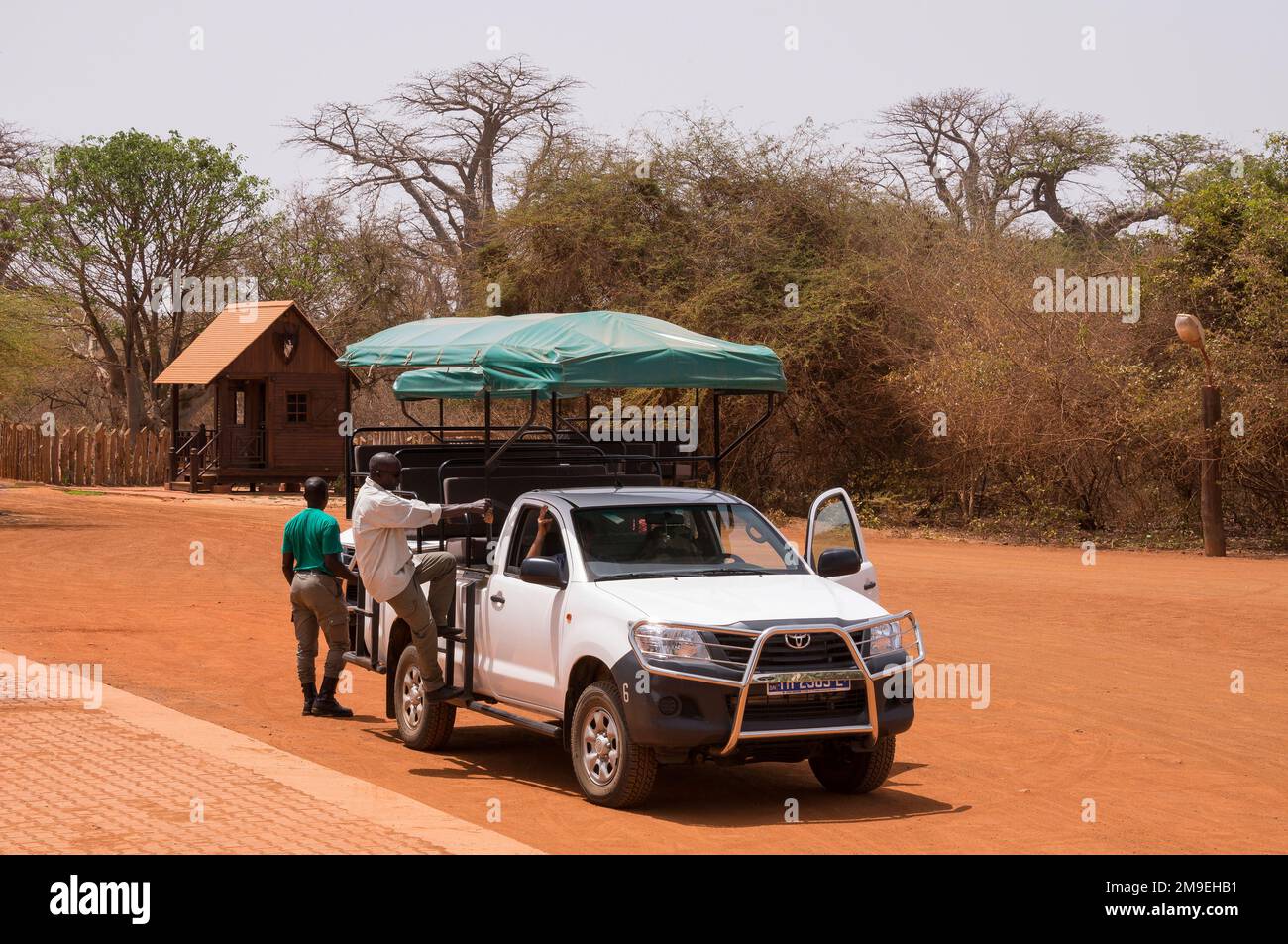 Riesenbaobab-Baum und -Hütte im Bandia-Naturschutzgebiet im Senegal Stockfoto