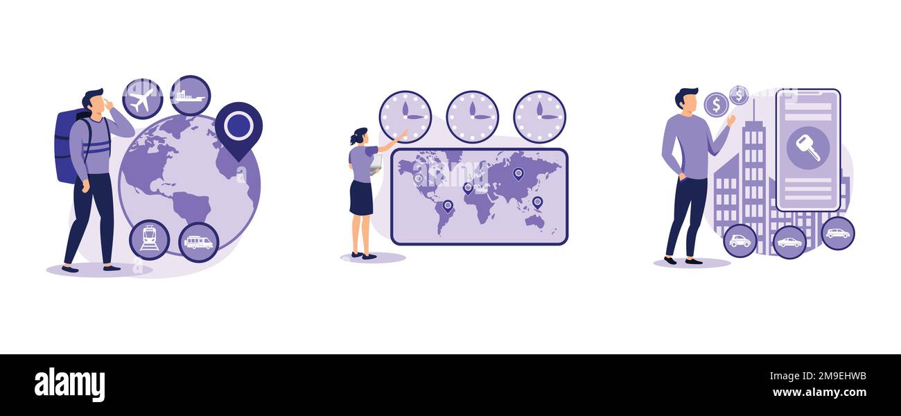 Internationaler Tourismus. Global Travel, Zeitzonen, Mietwagenservice, Reisebüro, Ferienresortkette, Jetlag. Legen Sie einen flachen Vektor mit moderner Ausstrahlung fest Stock Vektor