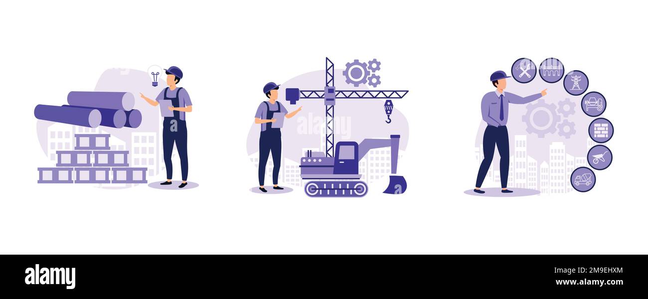 Innovationen in der Bautechnik. Innovative Baumaterialien, moderne Maschinen, Modellierung von Gebäudeinformationen. Legen Sie einen flachen Vektor mit moderner Illustration fest Stock Vektor